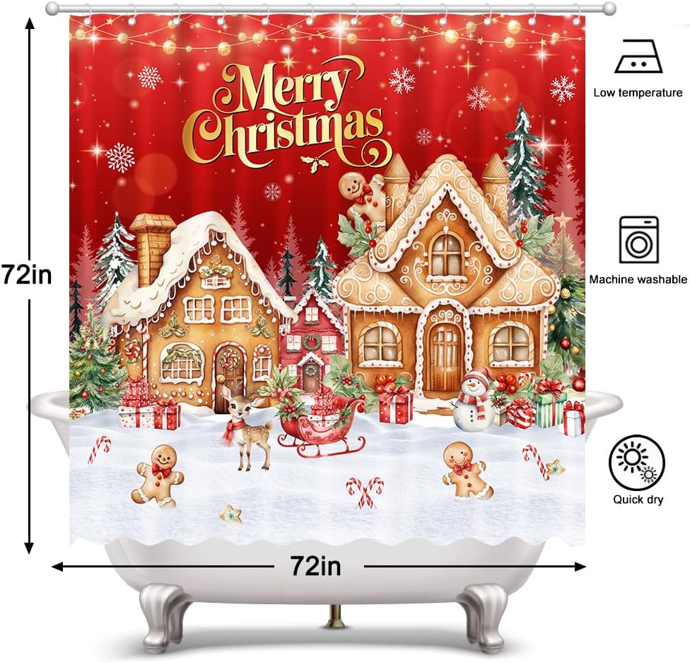 Merry Christmas Gingerbread House Shower CurtainCandy House Gingerbread Home Bathroom Decorations Santa Xmas Trees Bathtub