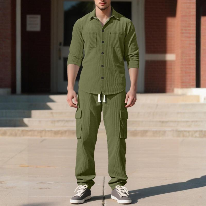 Men's Casual Sports Lapel Cardigan Jacket Long-sleeved Trousers Suit Loose Corduroy Work Suit