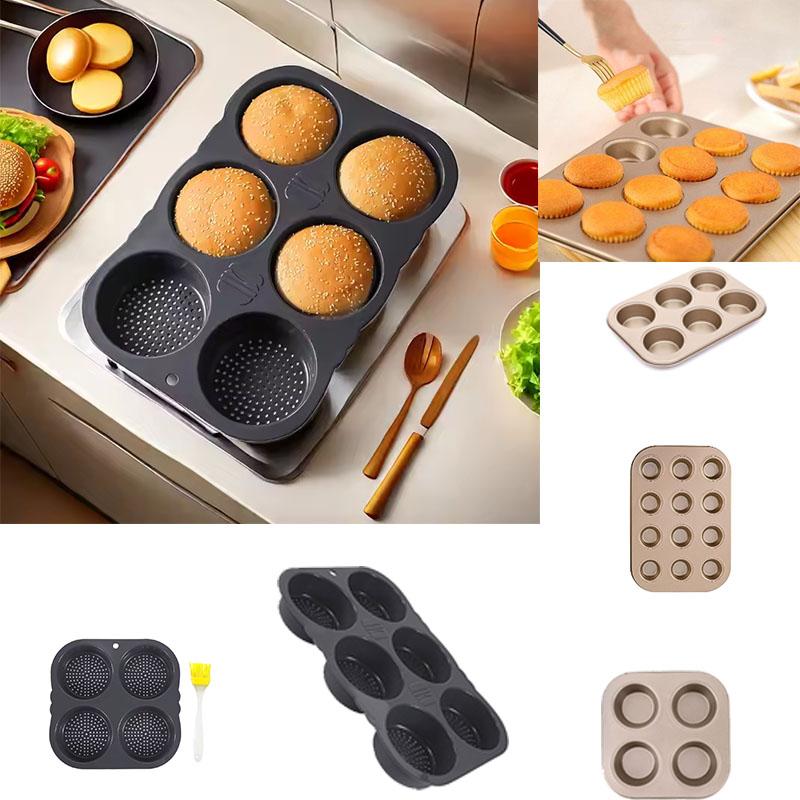 Non-Stick Silicone Hamburger Bun Pan and Muffin Tray Baking Mold for Bread Cupcakes Cakes and Pastries Kitchen Bakeware Tools