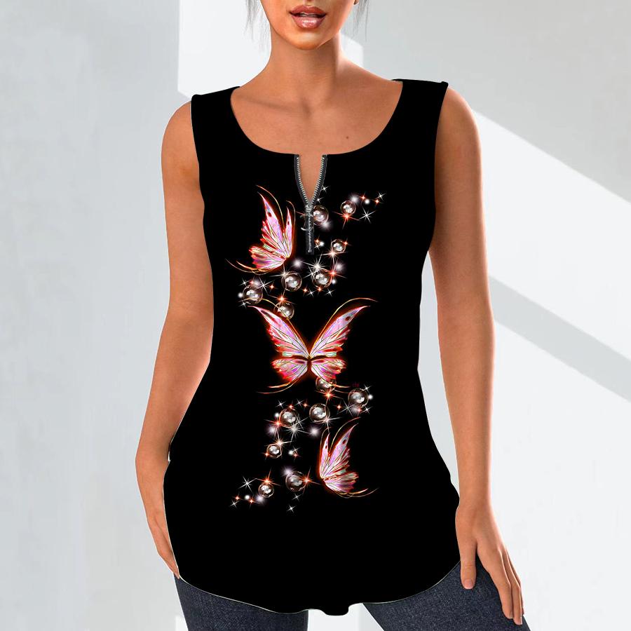 Dámská móda Košile s výstřihem do V Ležérní topy Tričko Dámské 3D krásný potisk motýla tílka Halenka velké velikosti bez rukávů Tílka