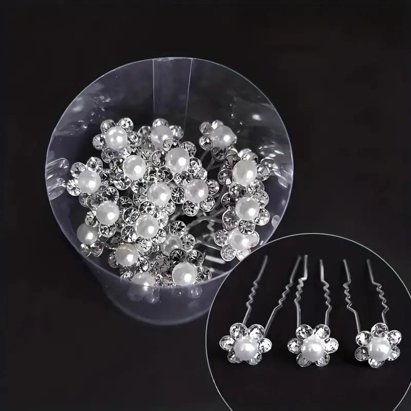 20 Pcs/set Bridal Headwear Pins Pearl Flower Luxurious Inlaid Diamond Hairpin Sweet Romantic U-shaped Curly Hair Fork Hair Clip