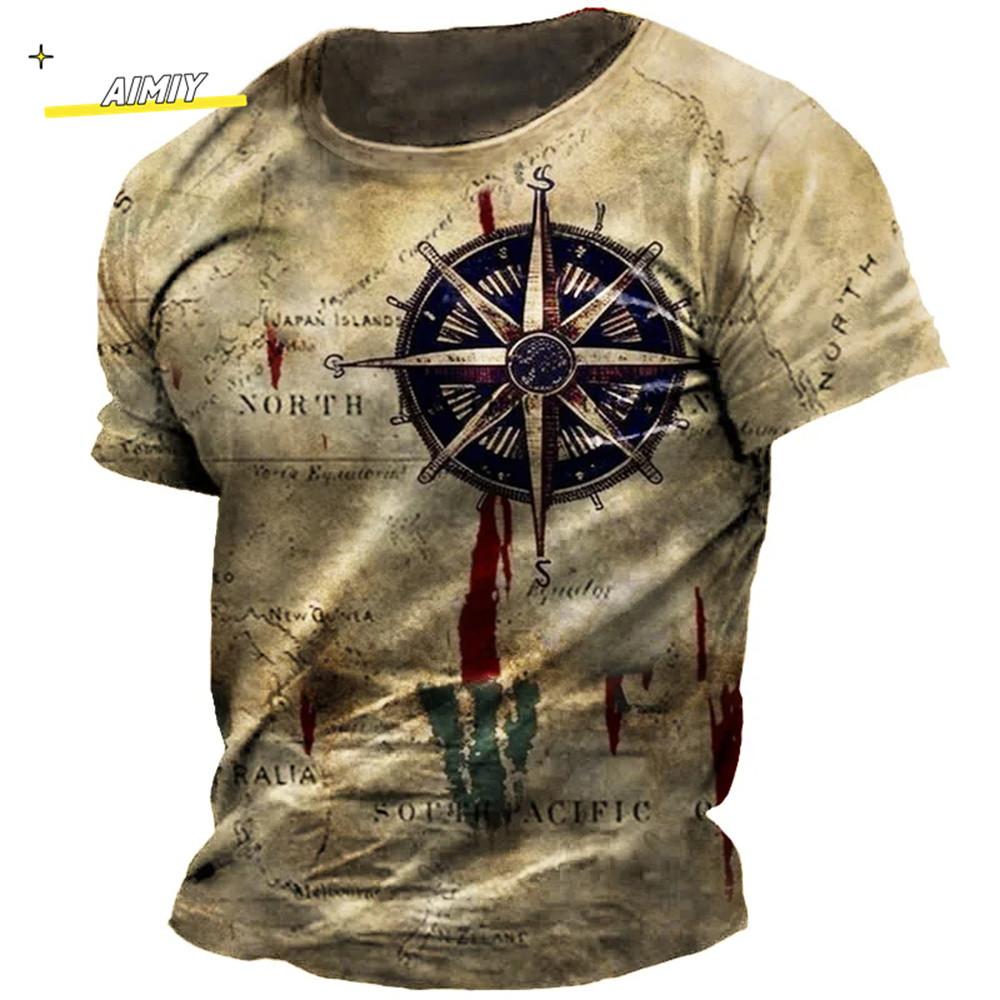 Vintage Summer Compass Pattern 3D Printed Short-sleeve Men's T-shirts Loose Daily Men Clothing Casual Streetwear
