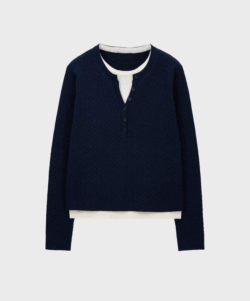 NOIRER FOR WOMAN Layered Henley Neck Signature Cable Knit (Navy)