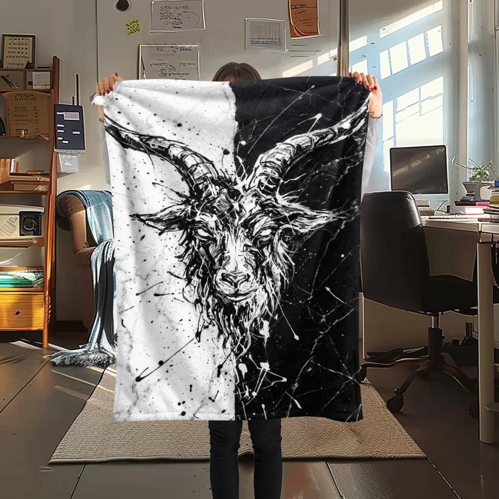 1Pc Goat Demon Print Flannel Blanket, High Quality Comfortable for All Seasons, Home Decor, Warmth and Comfort, Perfect for Christmas Gifts W141