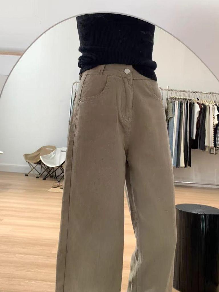 Women's Khaki Wide Leg Jeans - High Waist, Slimming, Versatile for Spring & Autumn