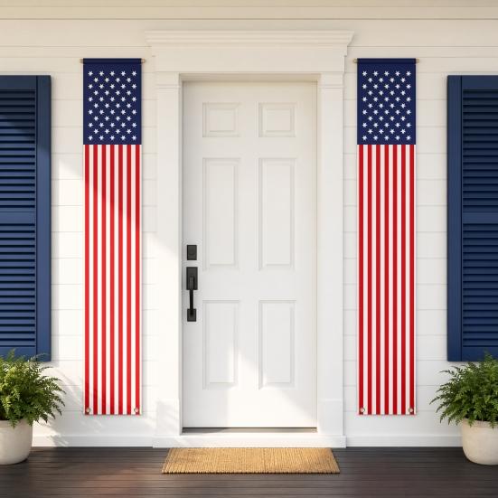 4th of July Outdoor Decoration, American Flag Porch Sign, Red White Blue Hanging Banner, USA Pleated Fan Flag, Patriotic Windsock for Independence Day