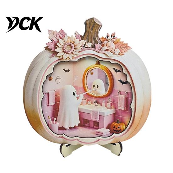 Cute Pastel Pumpkin Ornament Halloween Ghost Wooden Plaque, 2D Flat Tabletop Sign, Handmade Sign Spooky Bathing Reading for Home Office Mantel