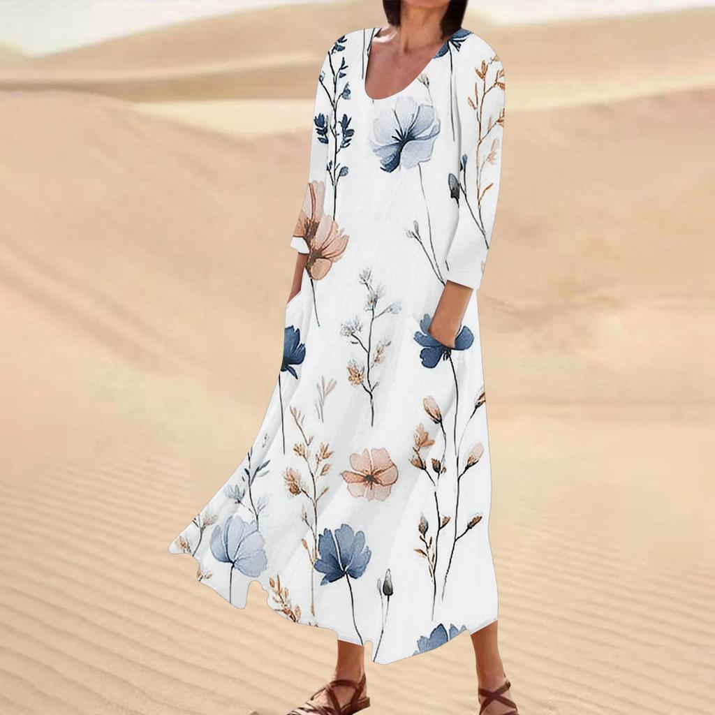Rochie casual de damă cu imprimeu floral, mânecă trei sferturi, buzunare confortabile