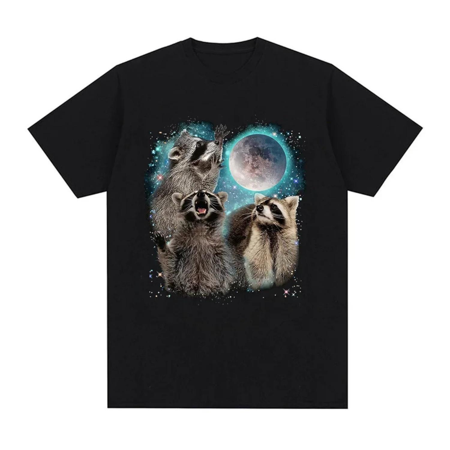

3 Racoon Moon Howling Raccoon Head T Shirt Funny Graphic T-shirts Soft Unisex O-neck Tee Tops EU Size Women Men Clothes XXXXXL чорний