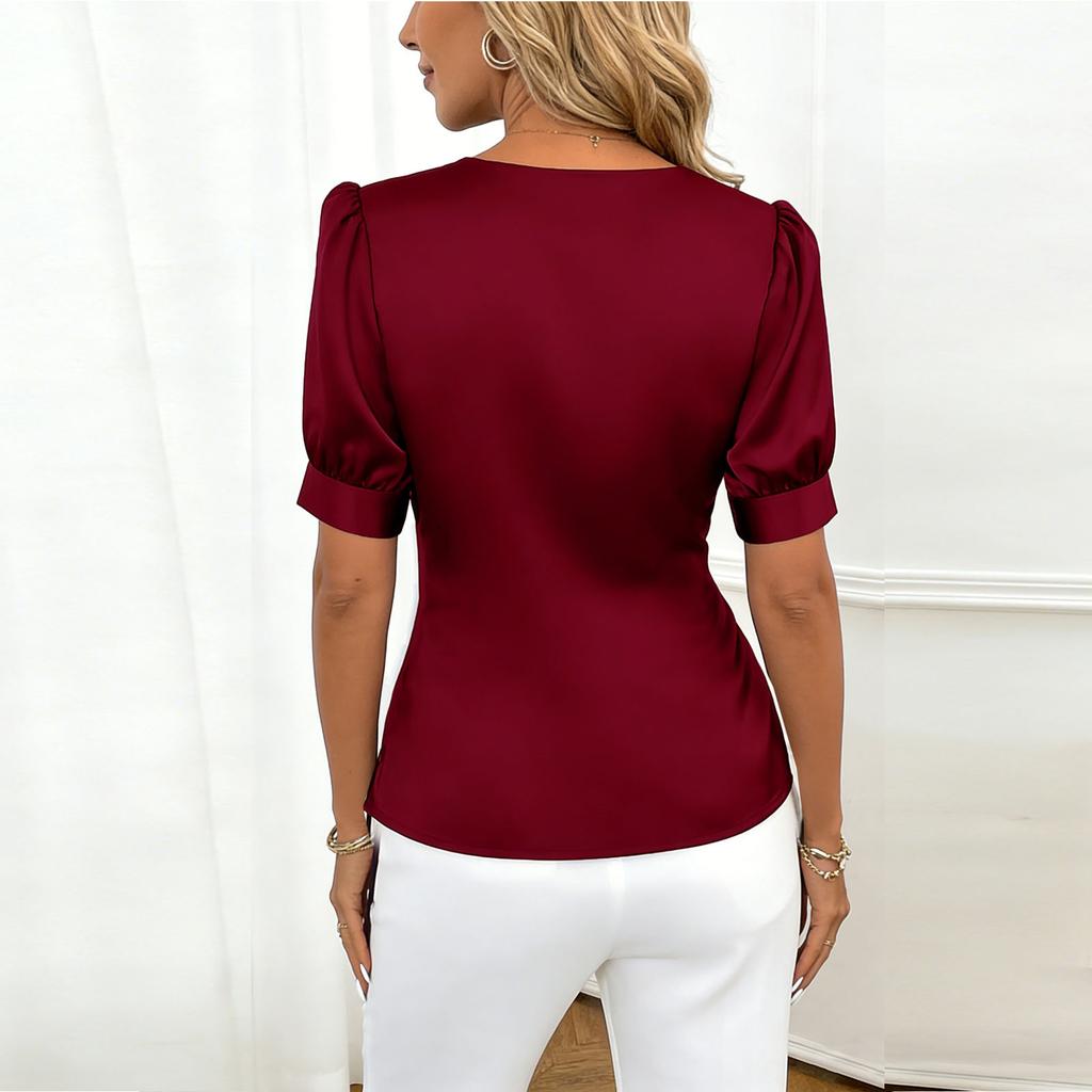 Damenmode Frühling/Sommer V-Ausschnitt Schlanke Passform Satin Elegant Vielseitig Hemd Top