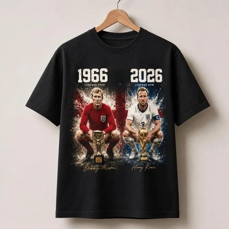 Bobby Moore Harry Kane 1966 2026 England Legends Signature Graphic Cotton Unisex Football Fan Short Sleeve Tee