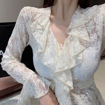 Solid Color V Neck Hollow Long Sleeve Shirt Women's Fashionable and Chic Top