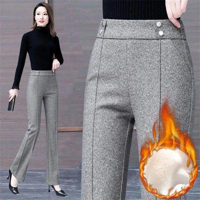 Calças Femininas de Lã Grossa Cor Sólida Outono Inverno Senhora de Escritório Casual Moda Feminina Bolsos Elástico Cintura Alta