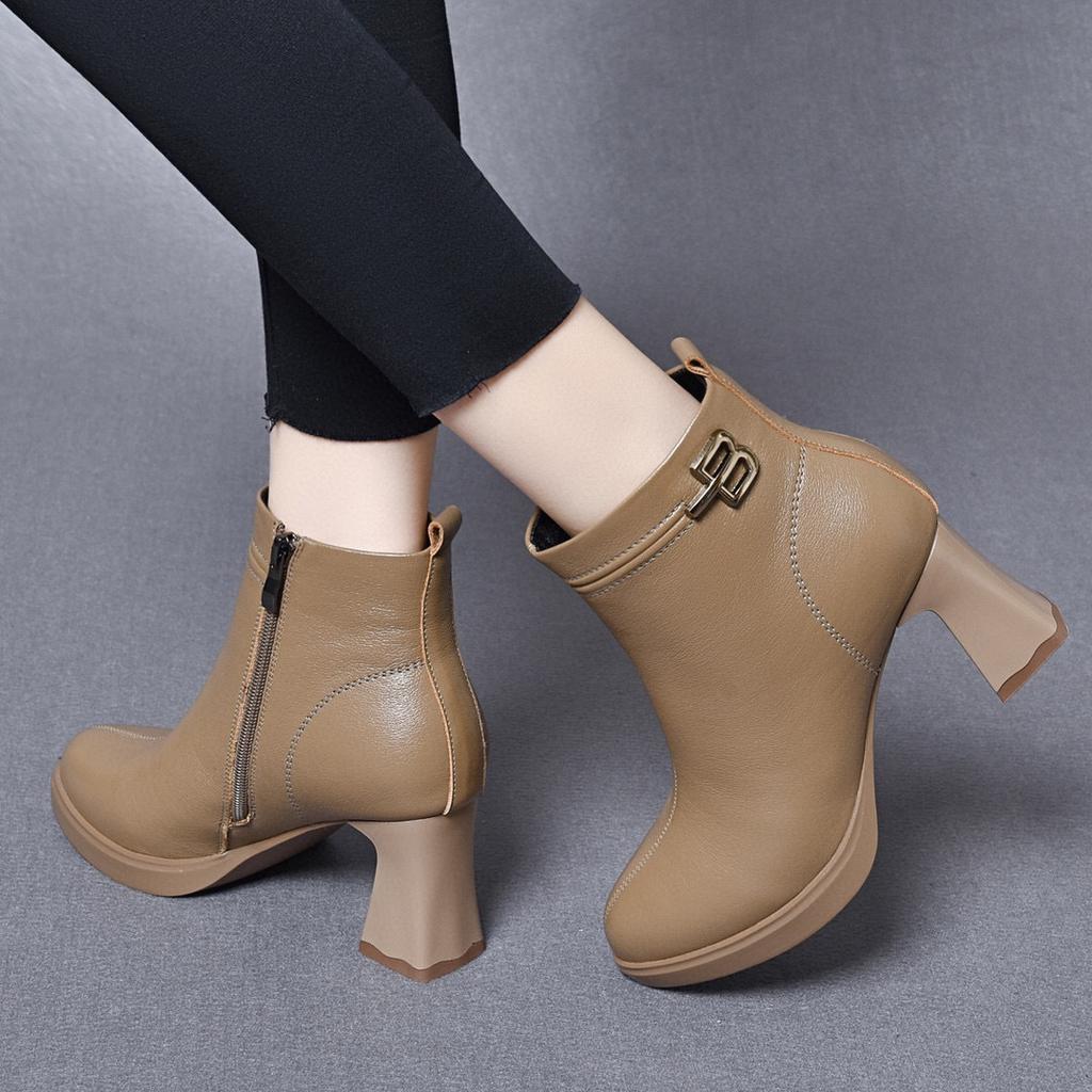 Leather boots women's new pointed waterproof table thick heel high heel fashion boots top layer cowhide cotton boots