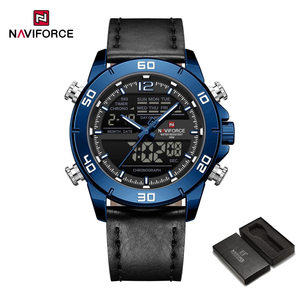 Naviforce Men's Leather Chronograph Quartz Watch Calendar Date 3ATM Waterproof Night Pattern Luminous Pointer Multifunctional Men's Watch NF9253L
