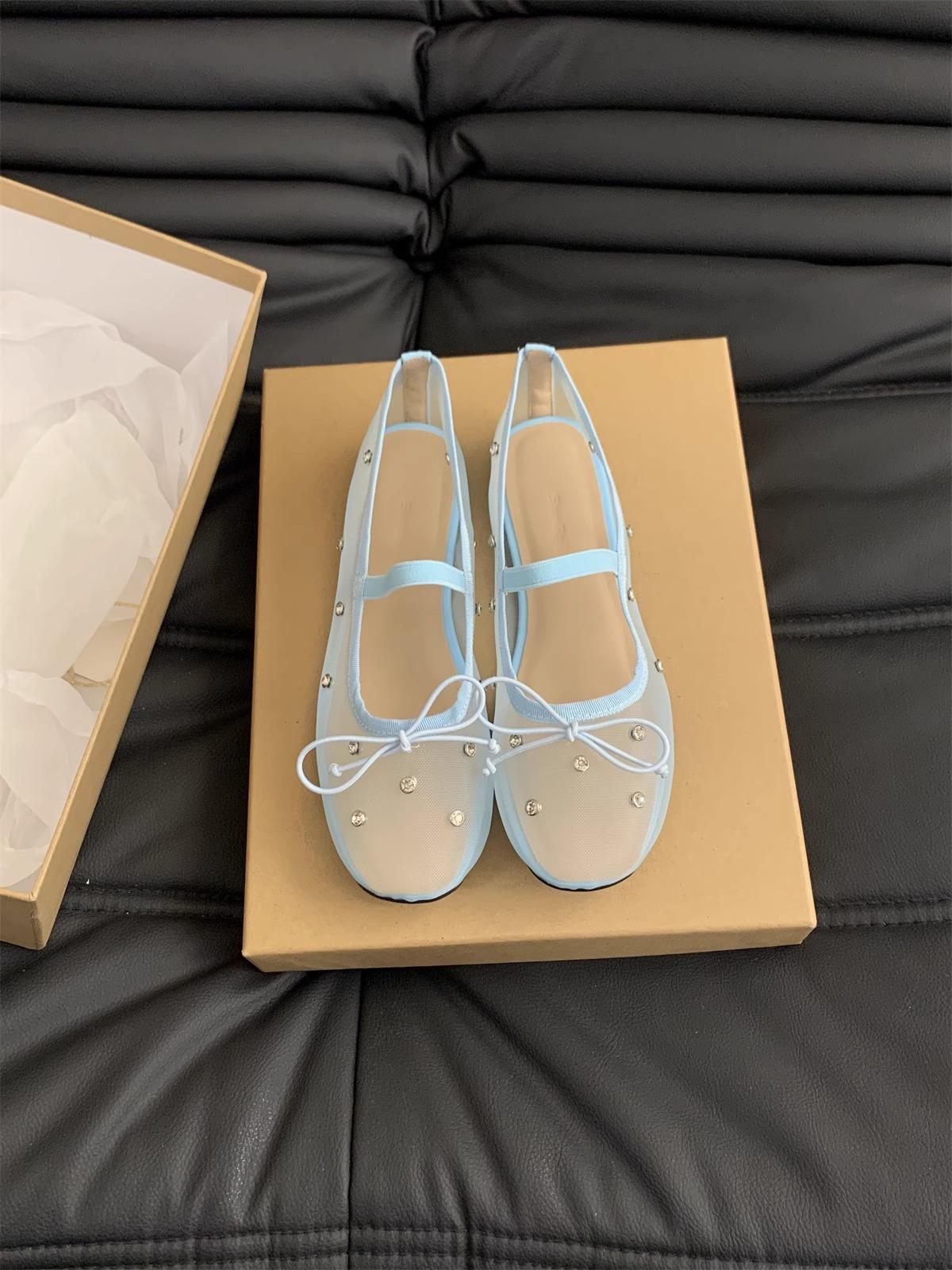 

Французькі балетки жіночі туфлі-човники 2025 літо новинка стрази сітка дихаючі бант плоскі туфлі Мері Джейн 40 небо синє кольору