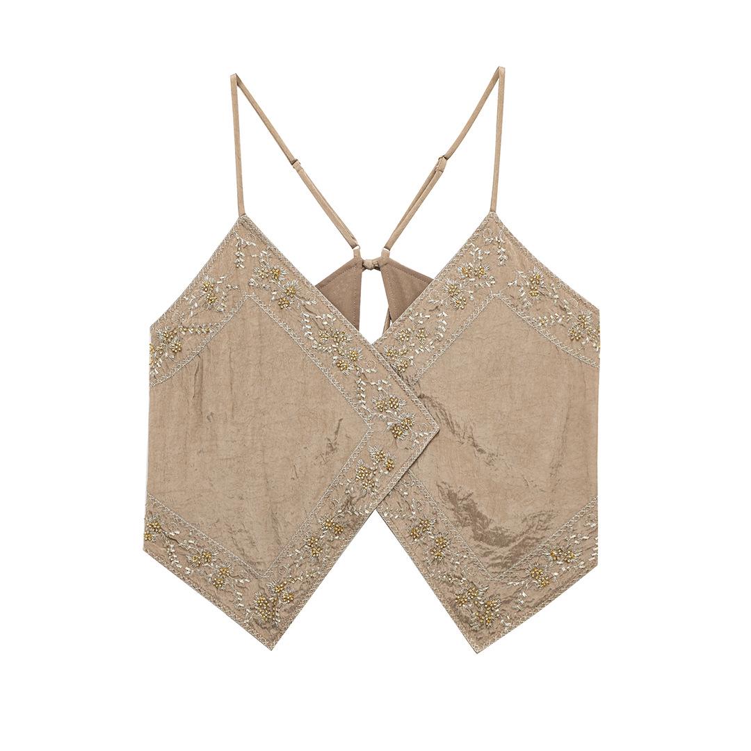 

Весна 2025 Женская Европейская и Американская Мода V-образный вырез Вышитая майка 4786001 737 M хаки