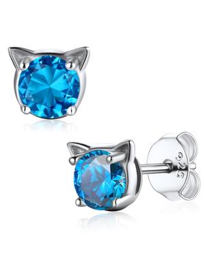 U7 Cat Birthstone December Earrings for Women, Sterling Silver 925 with Zirconia and Power Stones, Small, Cute, and Perfect Gift for Women
