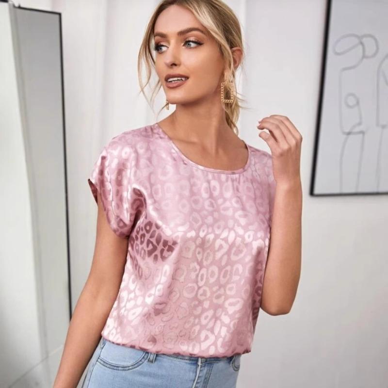 

Летние топы с круглым вырезом и леопардовым принтом, повседневные рубашки для женщин, модные новые жаккардовые свободные женские блузки с коротким рукавом, элегантная уличная узкая женская рубашка 26481 XL розовый