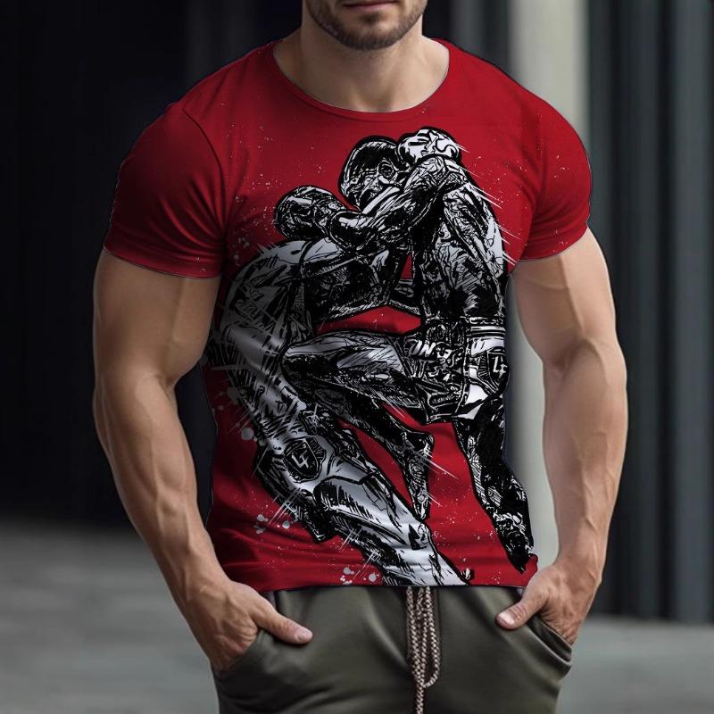 Men's Fitness T-shirt Boxing Gloves Printed Summer Boxing Collar Short Sleeved Tight Top