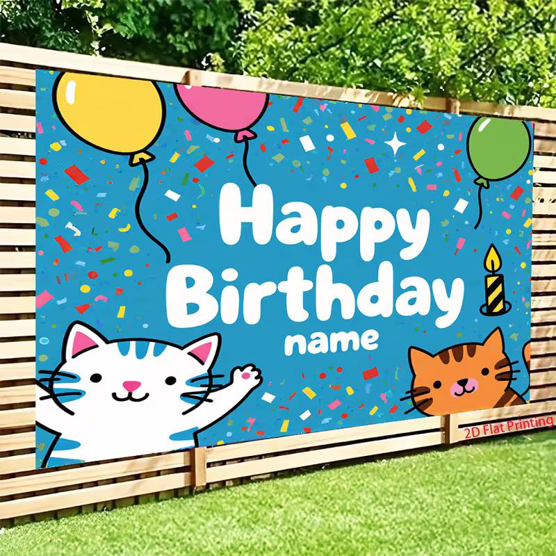 2D Customizable Cat Birthday Backdrop, Kids Party Decoration Background