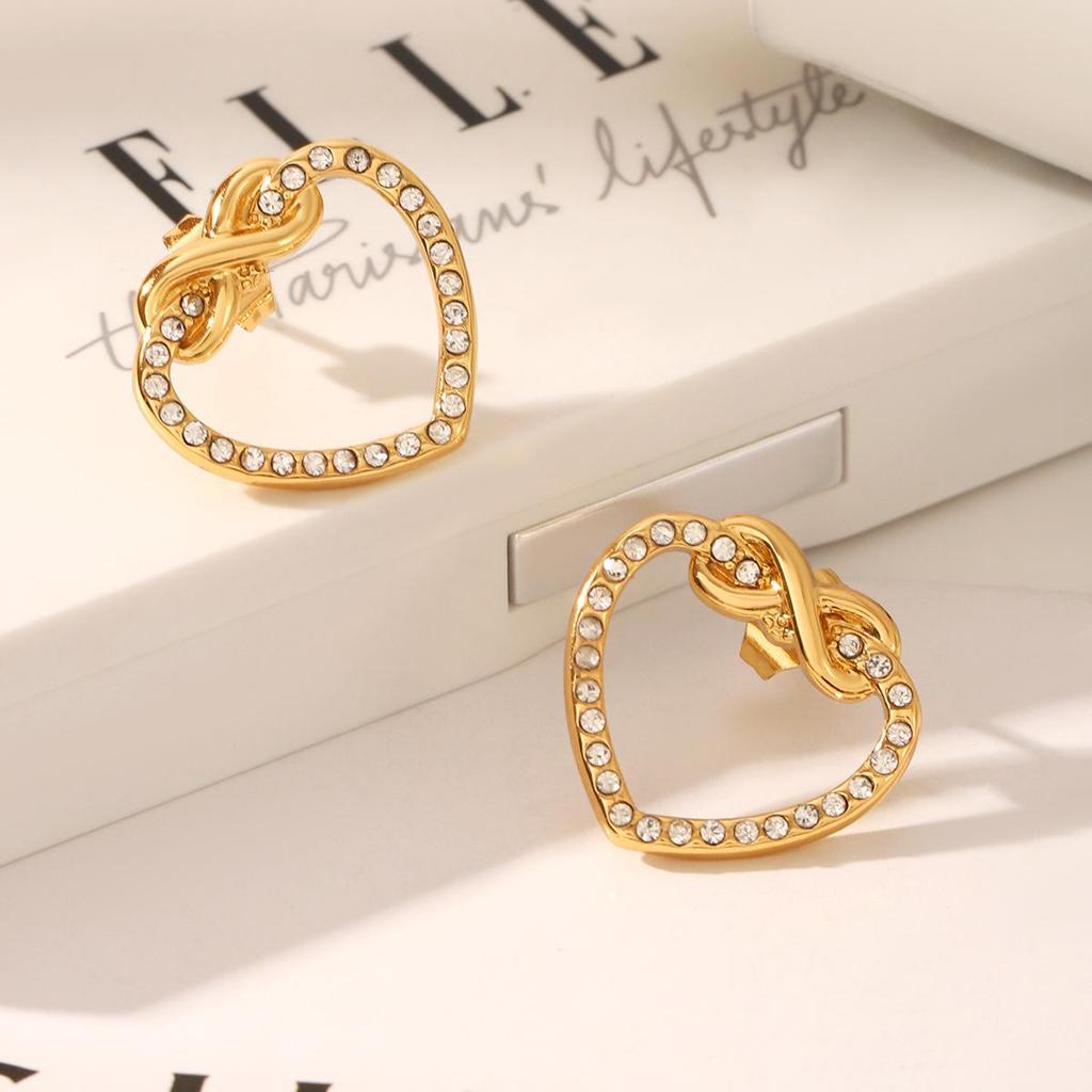 18k Gold Plated Stainless Steel Rhinestone Heart-shaped Earrings with Hollow Design in Sweet Niche Style