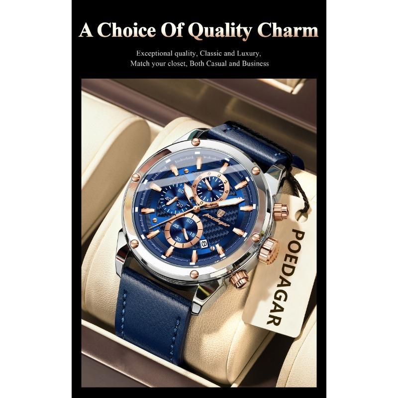 POEDAGAR Business Man Watch Waterproof Luminous Chronograph Date Original Watches for Men Leather Luxury Quartz Wristwatch