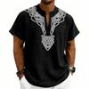 Men’s Lightweight V Neck Short Sleeve Loose Fit Shirt with Linen Texture and Pattern for Casual Comfort Wear