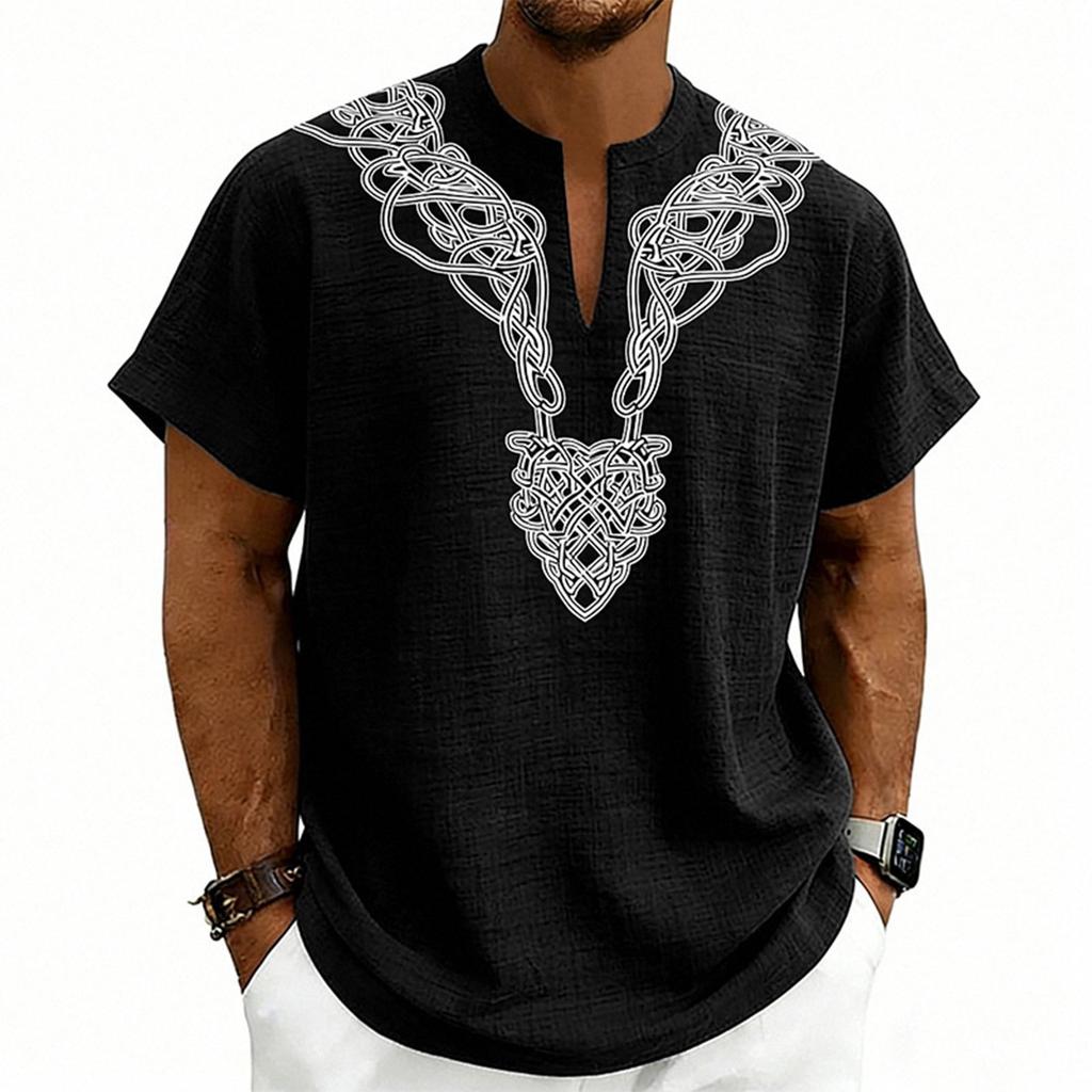 Men’s Lightweight V Neck Short Sleeve Loose Fit Shirt with Linen Texture and Pattern for Casual Comfort Wear