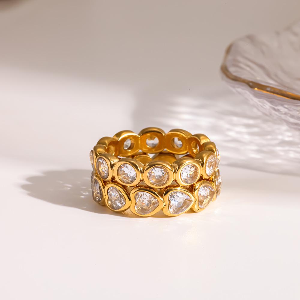 18K Gold-Plated Geometric Heart Zirconia Stainless Steel Ring - High-End Feel, Color-Preserving
