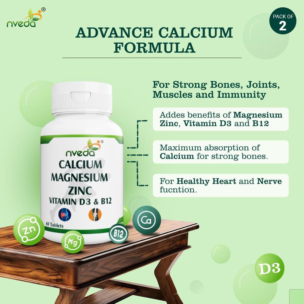 Nveda Calcium Supplement 1000 Mg with Vitamin D3 Magnesium Zinc K2 B12 for Bone Joint & Immunity Support Pack of 2X 60 Tablets