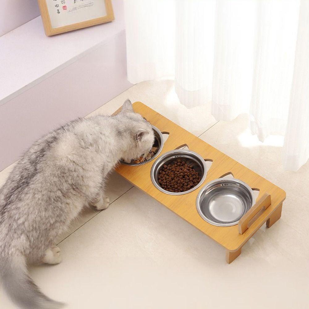 Cute Lifting Height Pet Food Bowl Stainless Steel Durable Cat Food Plate Three Bowls Design Pet Feeding Bowl Cat Feeding