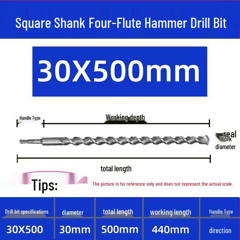 Extended Electric Hammer Drill Bit, Square & Round Shank, for Concrete Piercing - Available in 500mm to 2m Lengths
