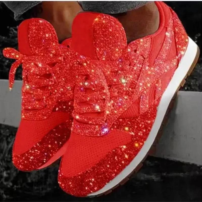 2025 New Women Flat Sneakers Casual Bling Vulcanized Shoes Women Mesh Lace Up Platform Plus Size Fashion Outdoor Woman Shoes