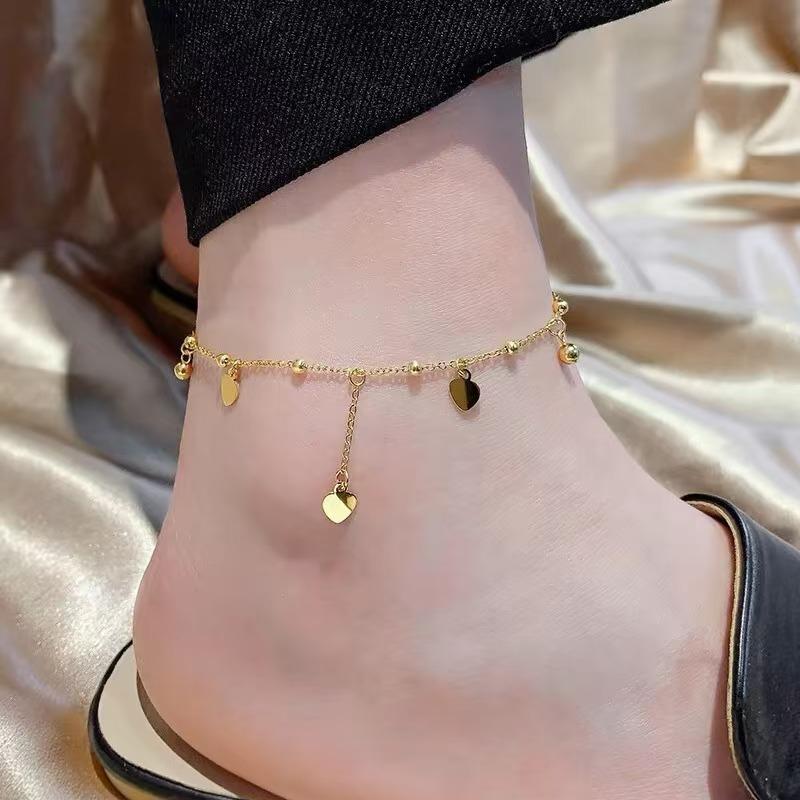 2024 Women's High-End Gold Tassel Ankle Bracelet - Sexy Titanium Steel Chain with Non-Fading Beads