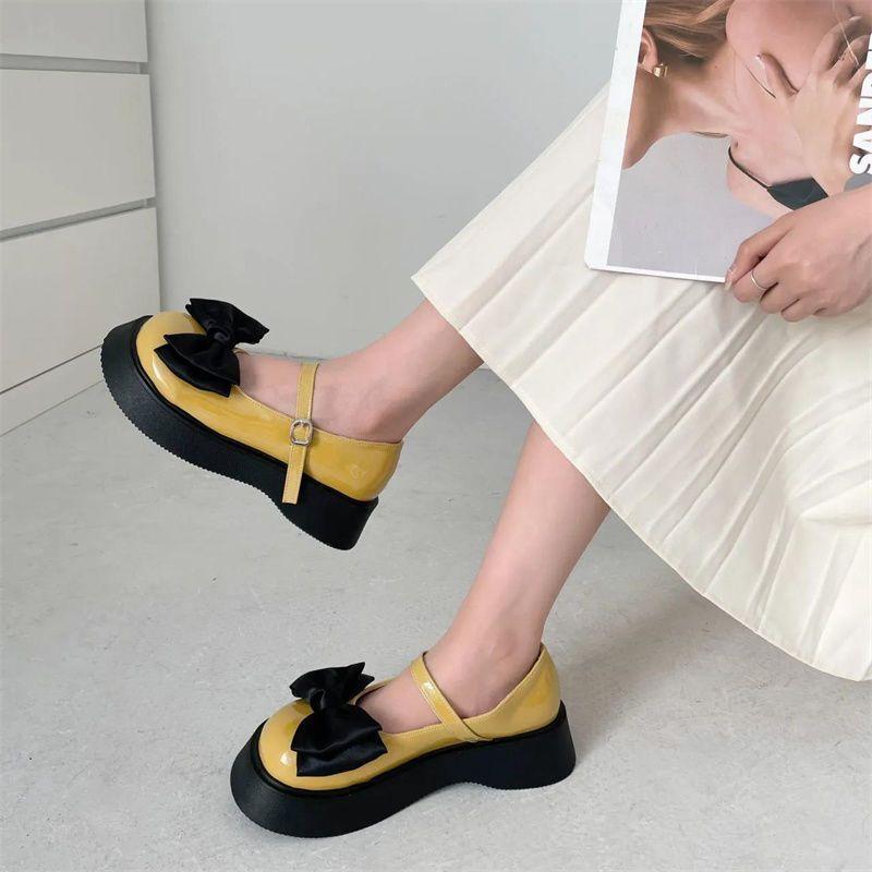 Mary Jane bow fashionable versatile flat-soled small leather shoes 2025 spring muffin thick-soled height increase sweet small single shoes