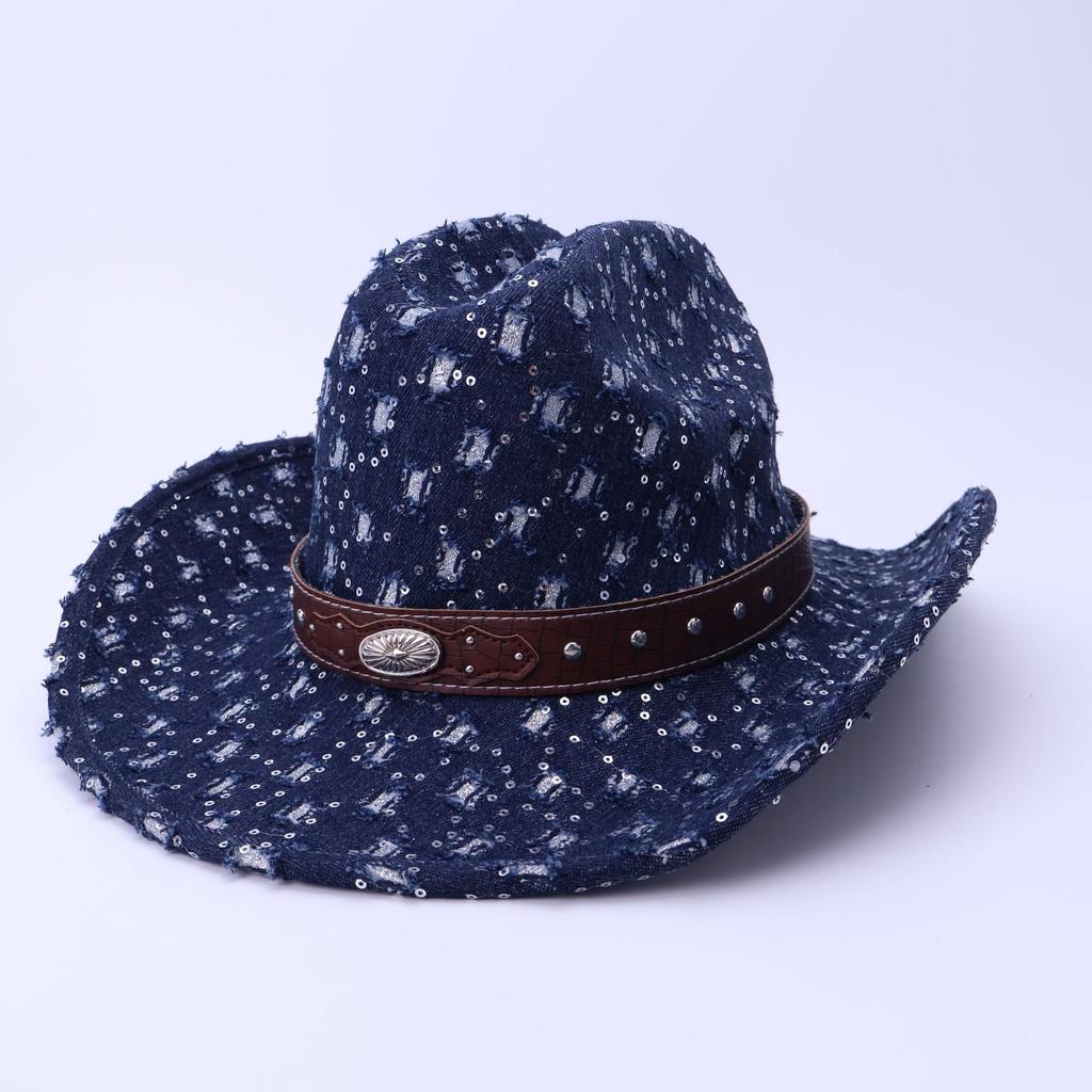 Stylish And High-Quality Old Denim Warped Edge Jazz Hat Can Be Worn In All Seasons, Men'S And Women'S Top Hats, Western Denim Hats