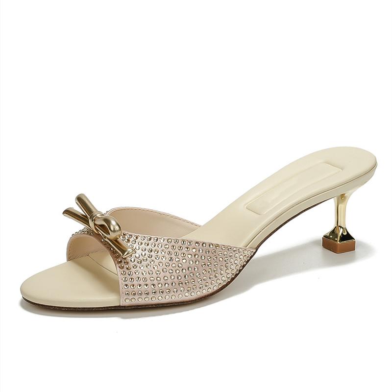 Fashion Luxury Rhinestones Satin Bowknot Peep toe Women Slippers Sandals Fashion Thin High heels Mules Slides Summer Party Prom Shoes