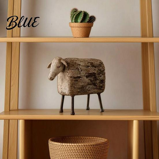Modern Rustic Home Decor Distressed Imitation Wood Grain Sheep Figurine Resin Farmhouse Animal Statue for Shelf Tabletop Decor Retro Country
