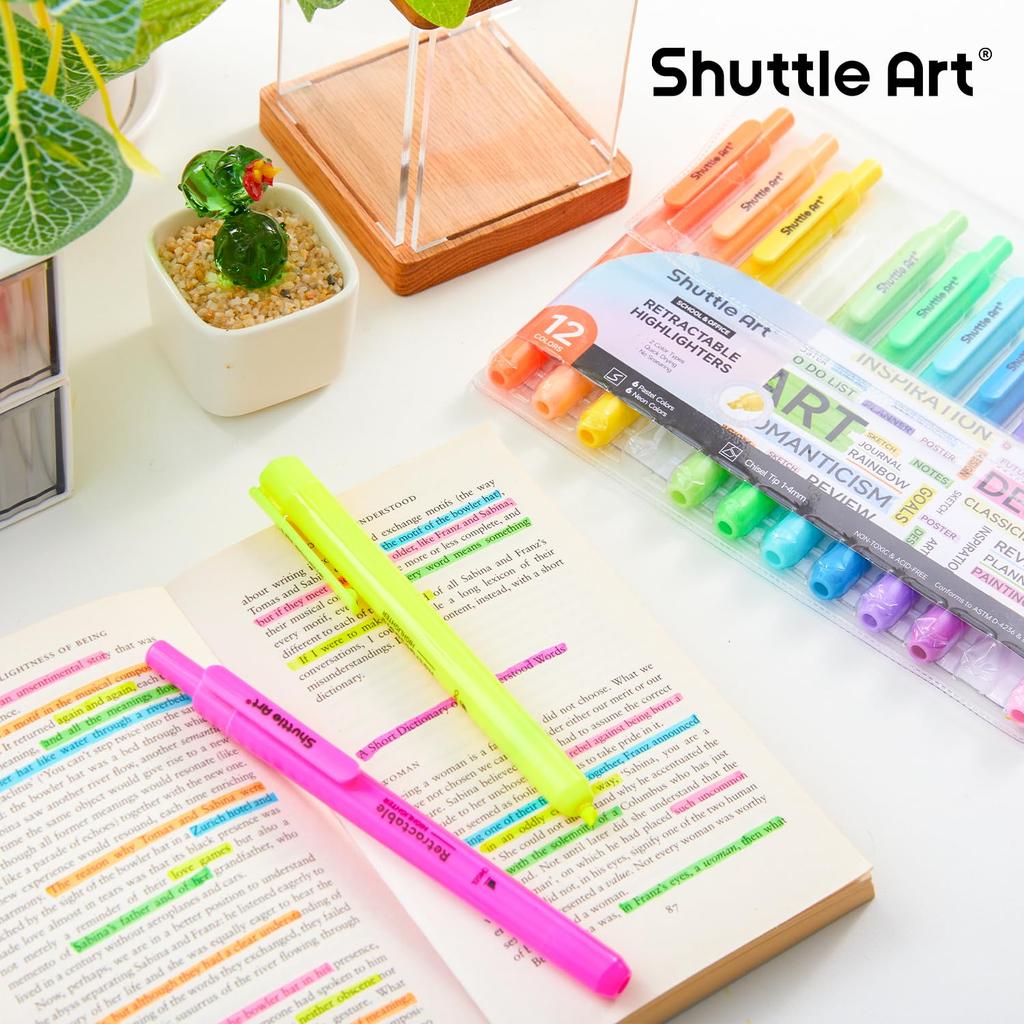 Shuttle Art Highlighter Pastel Neon Chisel for Diary Card SNS Pens, 12-Pack, Retractable, & Colors, Soft, Vibrant, Water-Based, Tip, Quick-Drying,