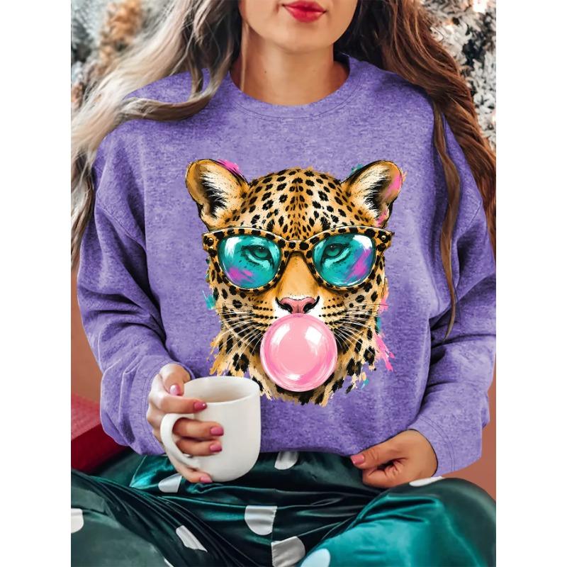 Autumn and winter women's bubble blowing pink chewing gum leopard print round neck long sleeved T-shirt