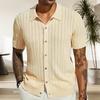 Summer Men Shirt Lapel Single-breasted Solid Color Thin Soft Short Sleeves Breathable Cardigan Hollow Out Knitted Mid Length Vacation Beach Top