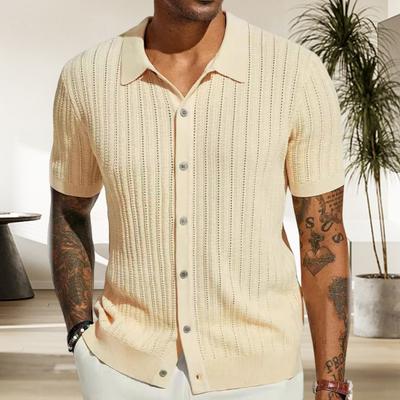 Summer Men Shirt Lapel Single-breasted Solid Color Thin Soft Short Sleeves Breathable Cardigan Hollow Out Knitted Mid Length Vacation Beach Top