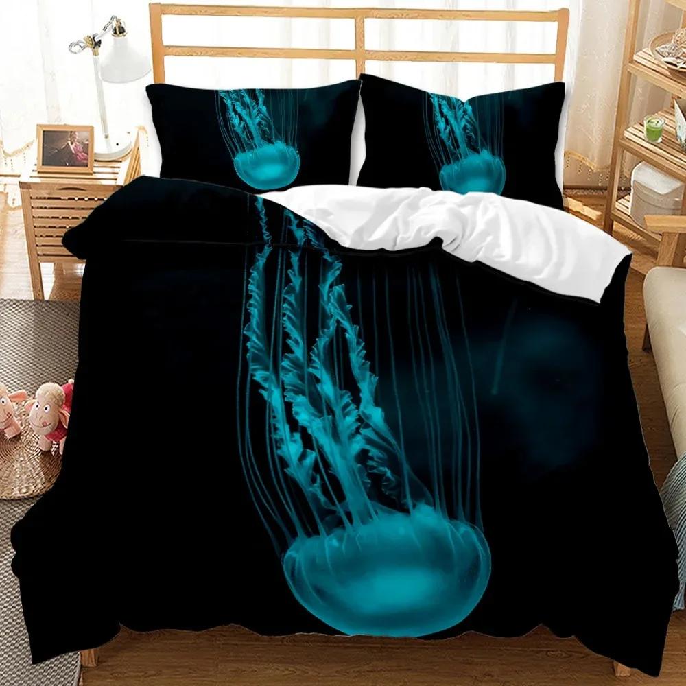 3D Quallen Bettwäsche Set 3-teilig Queen Size Quallen Druck Bettbezug Weiche Polyester Bettdeckenbezug für Erwachsene Teenager Kind Junge