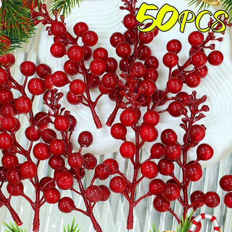 Christmas Red Artificial Berry Stems 15 Head Holly Berries Branches DIY Wreath Garland Xmas Tree Decoration Crafts Home Decors