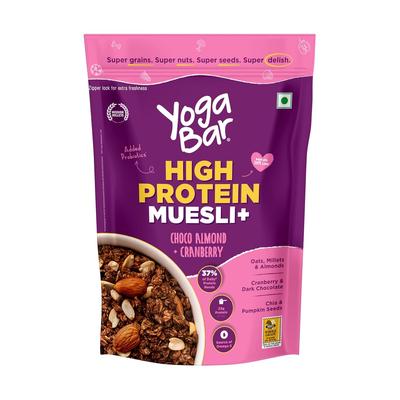 Yogabar High Protein Müsli 350g | 23g Protein pro 100g | Mit Probiotika | Gut für den Darm | Schoko Mandel + Cranberry | Protein Snack | Ballaststoffreiches Lebensmittel