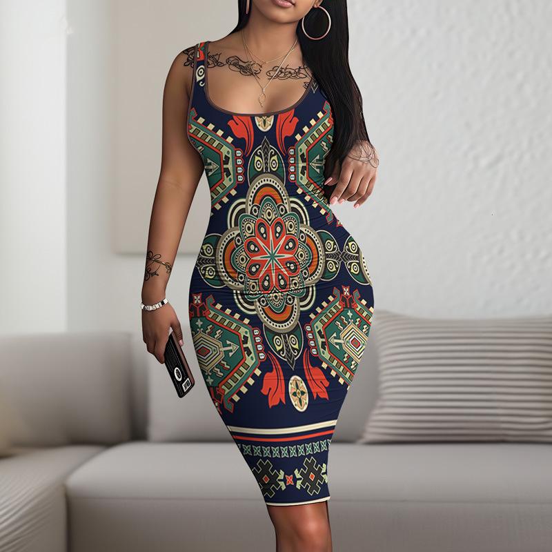 Neuer Retro-Casual-D-Digitaldruck Rundhals Ärmellos Hüftrock WQ