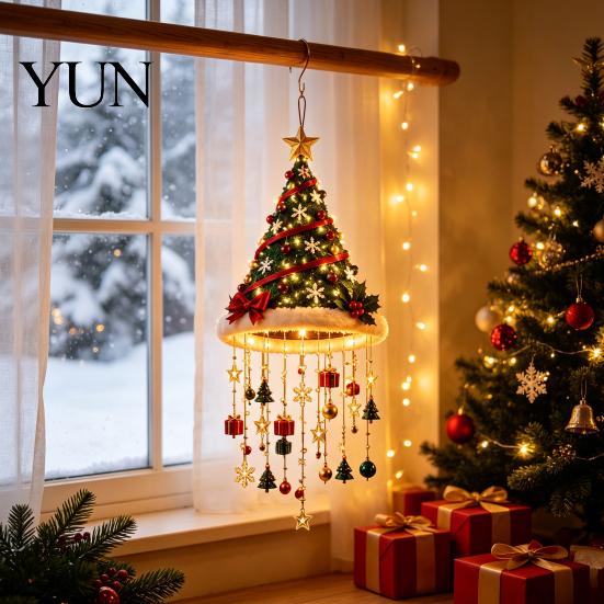 Staggered Light Pendant Lighted Christmas Ceiling Hanging Decor, Pre-Lit Tree Bell with LED Warm LED, Porch Doorway Holiday Ornament, Indoor