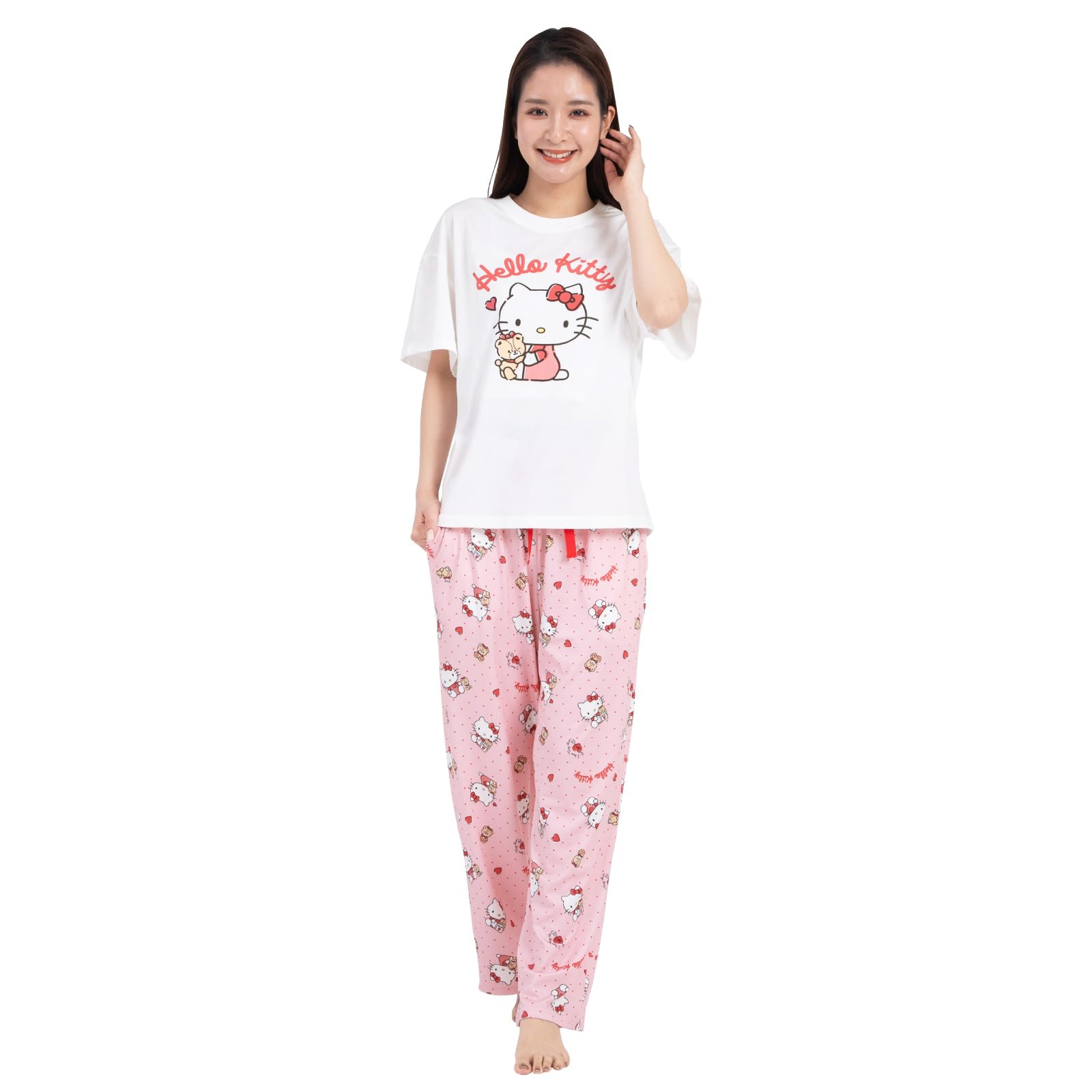 

Пижама Hello Kitty Пудра Стрейч Короткий рукав Длинные брюки Комплект верх и низ Домашняя одежда Горошек Hello Kitty x [SAZAC] Комплект Женский (белый