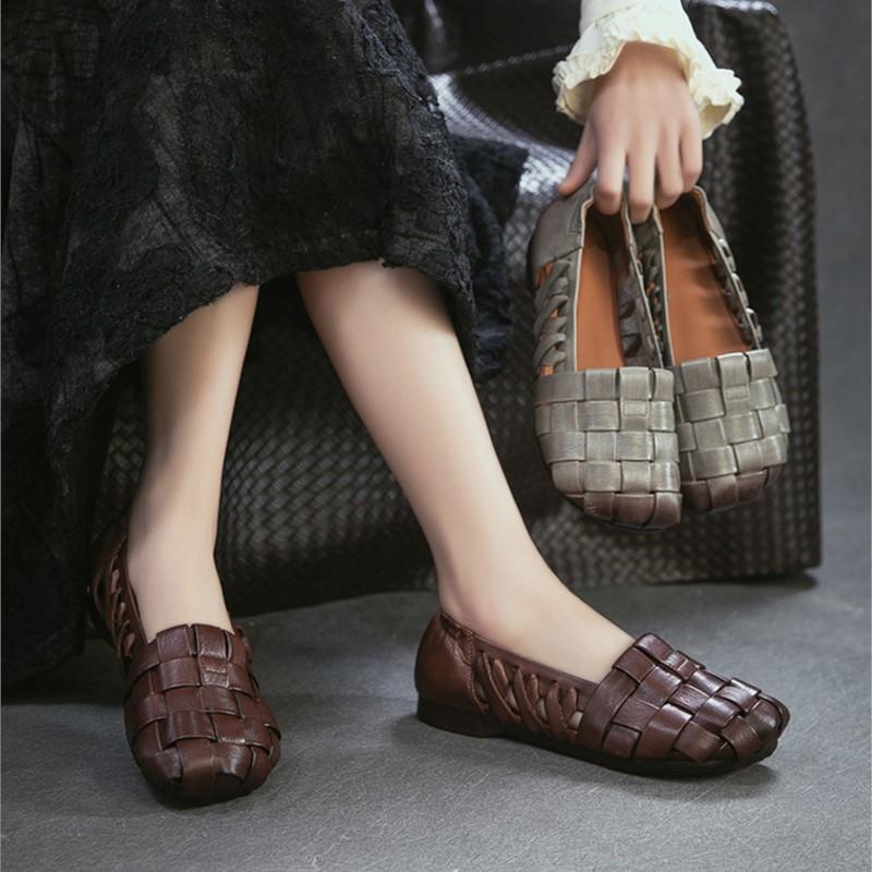 Johnature Genuine Leather Breathable Soft Soft Flat Sandals Lightweight And Comfortable Women's Slip-on Shoes